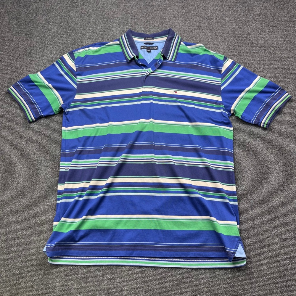 Tommy Hilfiger Preppy‎ Golfcore Striped Blue Green Mercerized Cotton Polo Shirt
